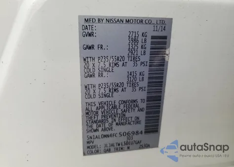 2015 Infiniti Qx60 z USA, uszkodzony, nr VIN 5N1AL0MN4FC506984